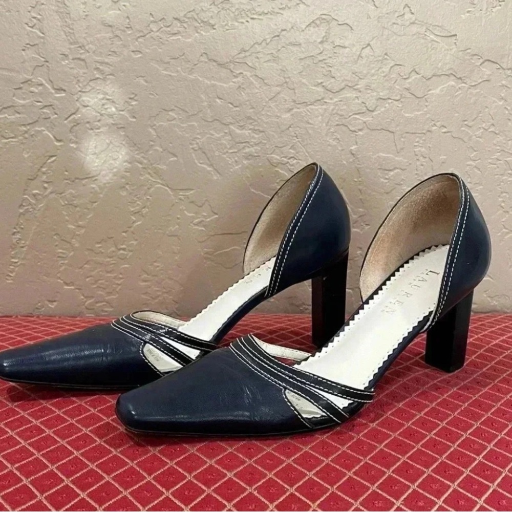 Lauren Ralph Lauren Synthia Block Heel Slip On Navy Square Toe Brazilian Leather